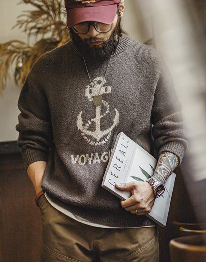 American Retro Knitted Anchor Jacquard Vintage Pullover Men's Sweater