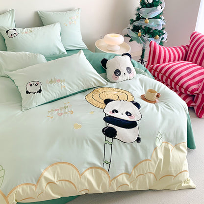 Cute Small Panda Pure Cotton Washed Four-Piece Bed Set