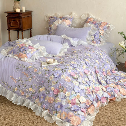 French Ruffled Winter Thickened Coral Fleece Warm Four-Piece  Bed Set