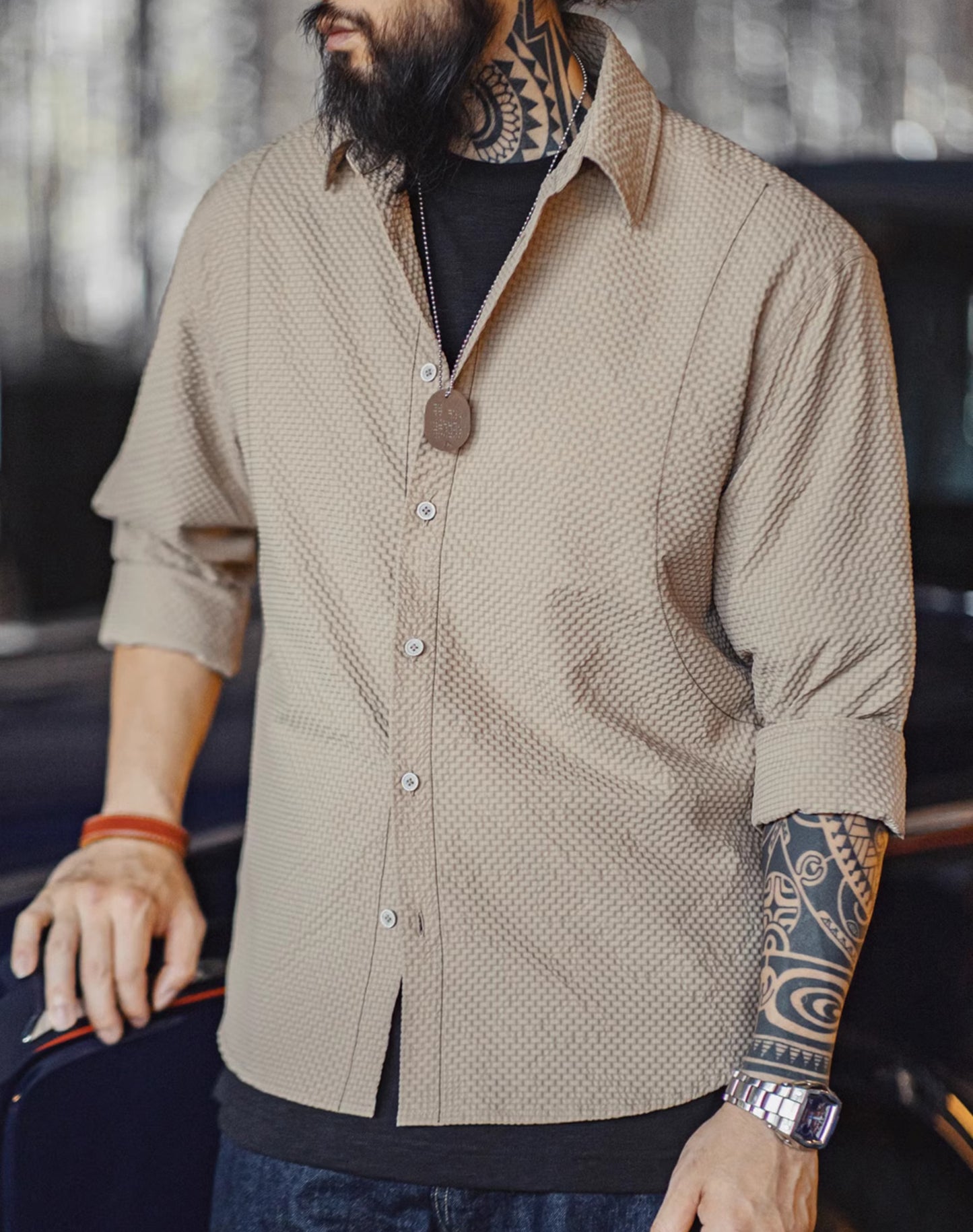 American Casual Non-Iron Textured Thin jacket Men's Shirt