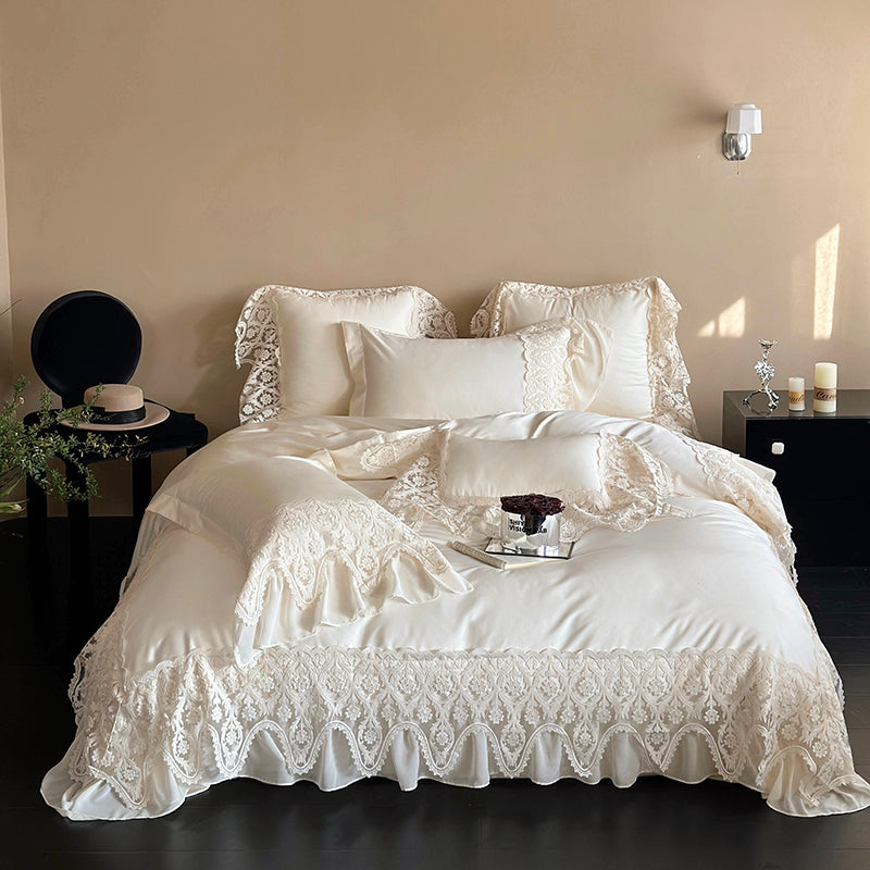 Set da letto in quattro pezzi di cotone a fibra lunga in pizzo romantico principessa francese