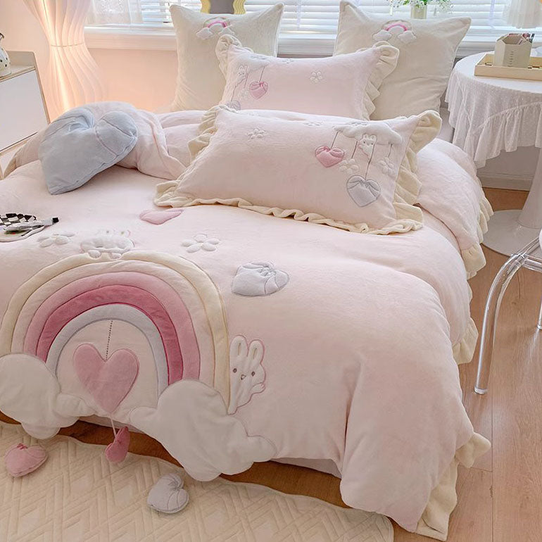 Princess Rainbow Heart Cartoon Cute Coral Velvet Four-Piece Bed Set - Harmony Gallery
