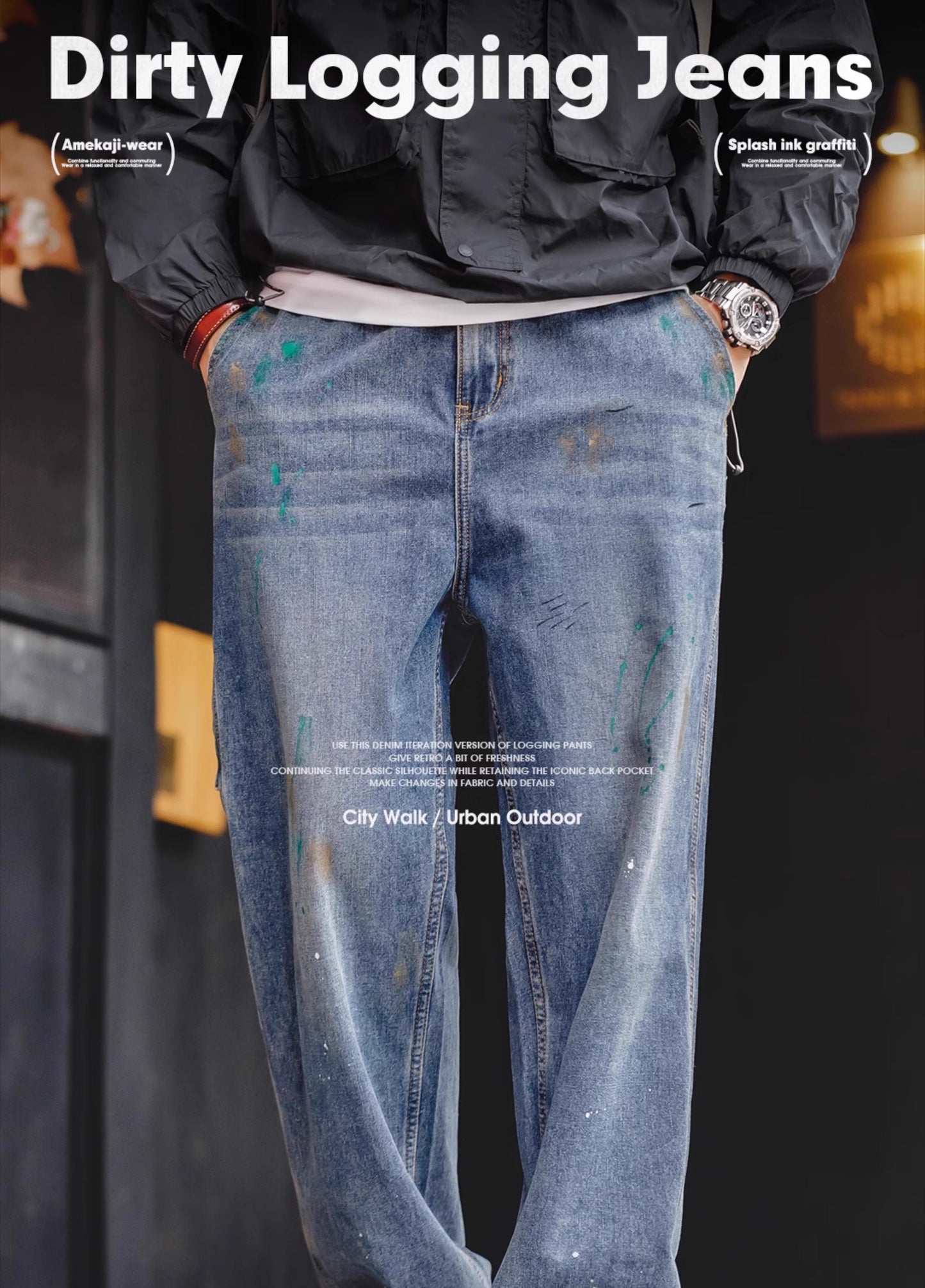 American Retro Splash-Ink Graffiti Washed Logging Men's Jeans