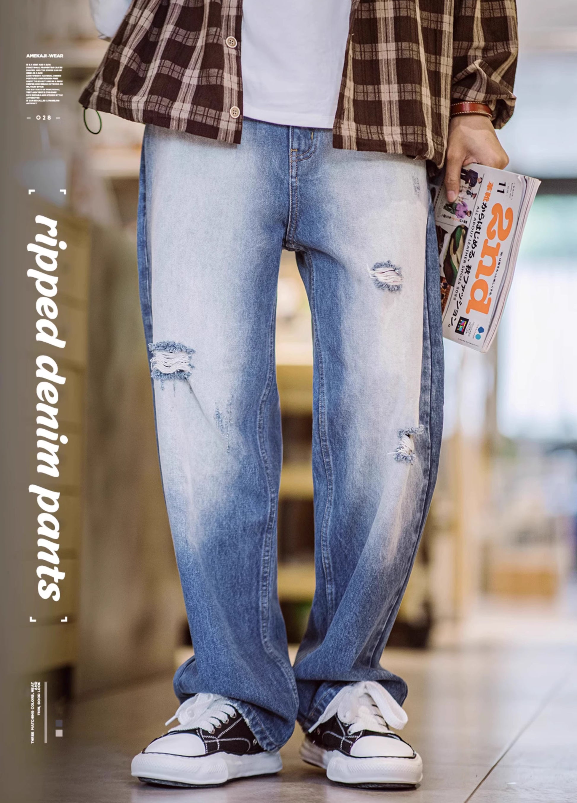 American Retro Casual Ripped Washed White Men's Jeans - Harmony Gallery