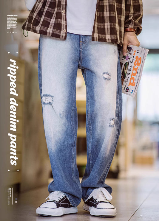 American Retro Casual Ripped Washed White Men's Jeans
