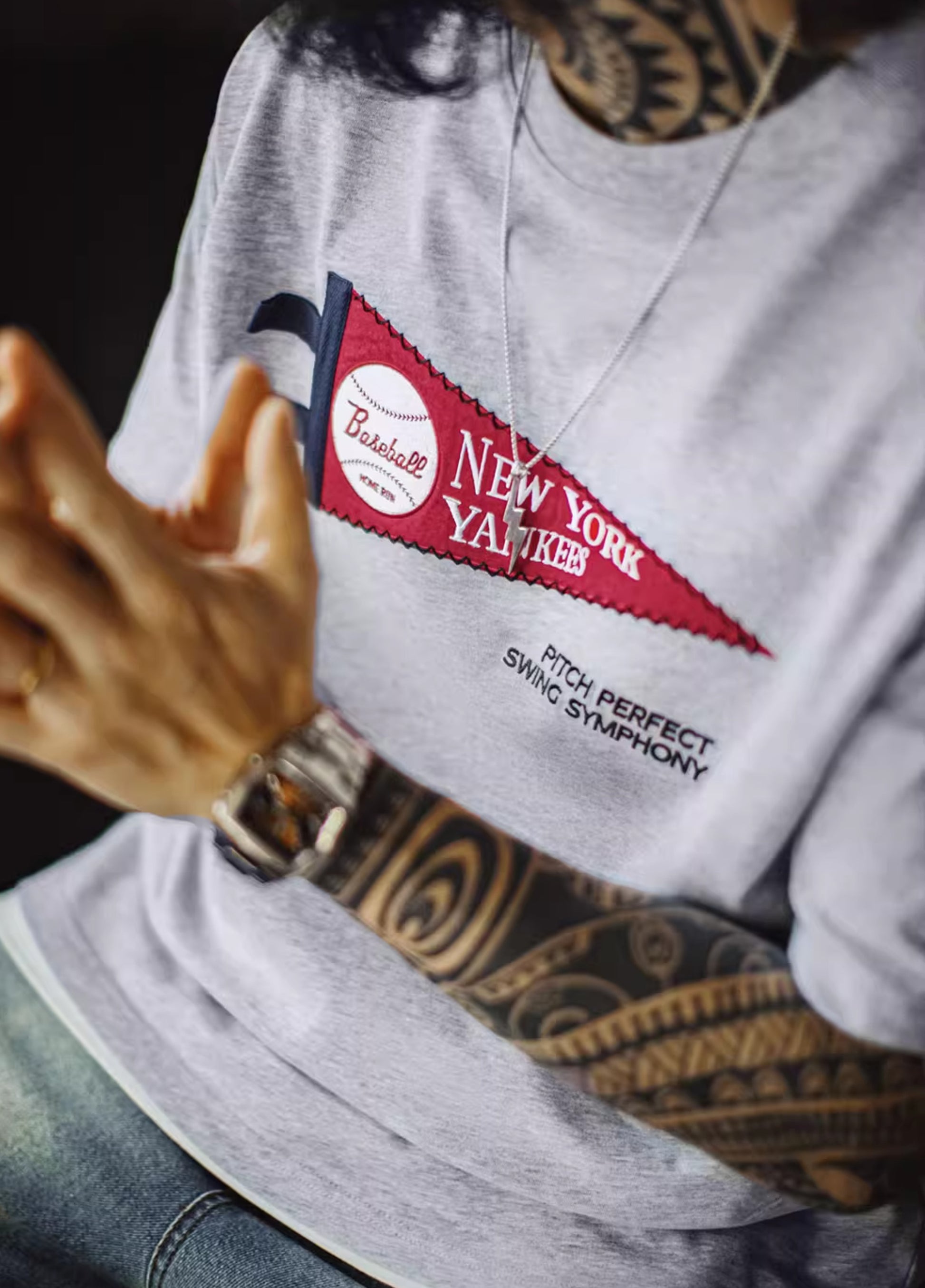 American Retro Patch Flower Gray Yankees Heavy Cotton Baseball Men's T-Shirt - Harmony Gallery