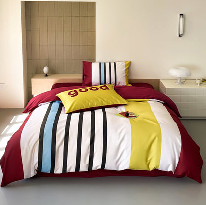 Nordic Simple Contrast Stripes Four-Piece Satin Pure Cotton Bed Set