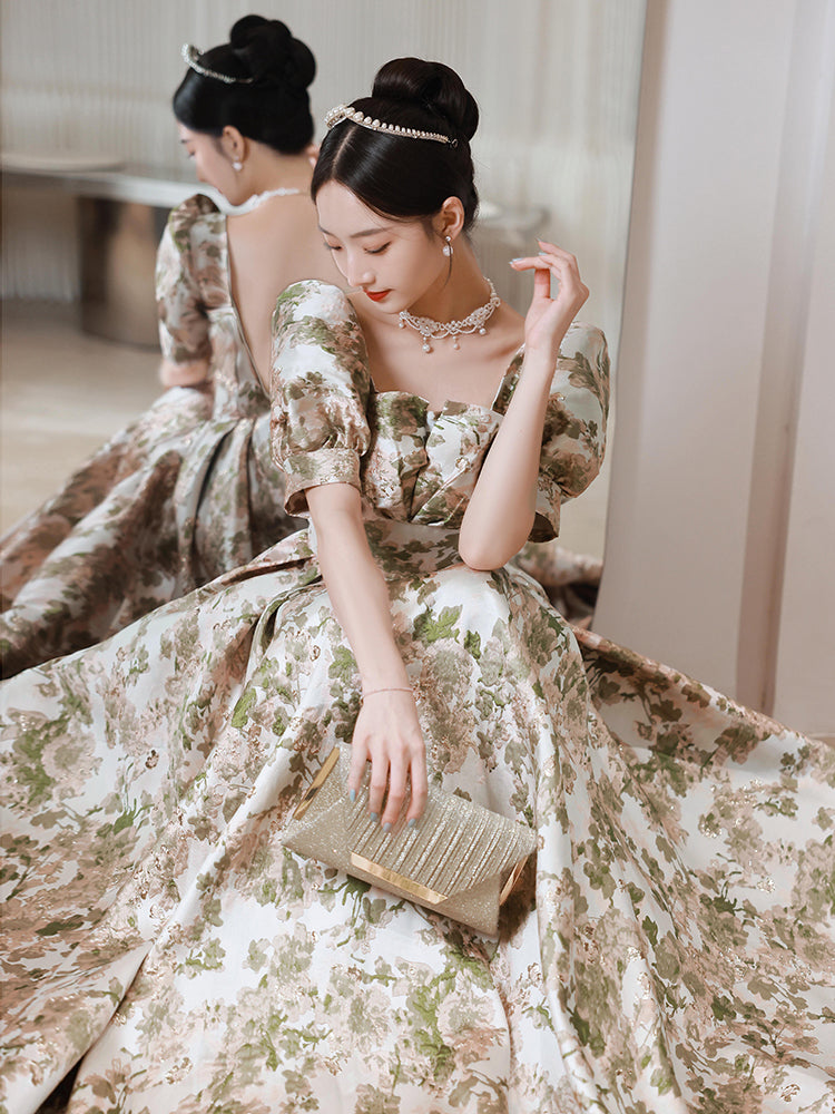 Elegant Floral Print Puff Sleeve Ball Gown with Sweetheart Neckline - Harmony Gallery