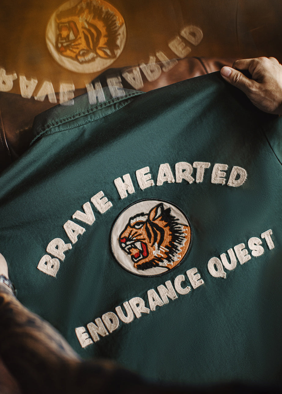 American Retro Embroidery Coach Lapel Dark Green Heavy Cotton Men's Jacket - Harmony Gallery