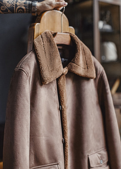 American Retro B7 Suede Parka Mid-Length Faux Lambswool Thickened Men's Coat