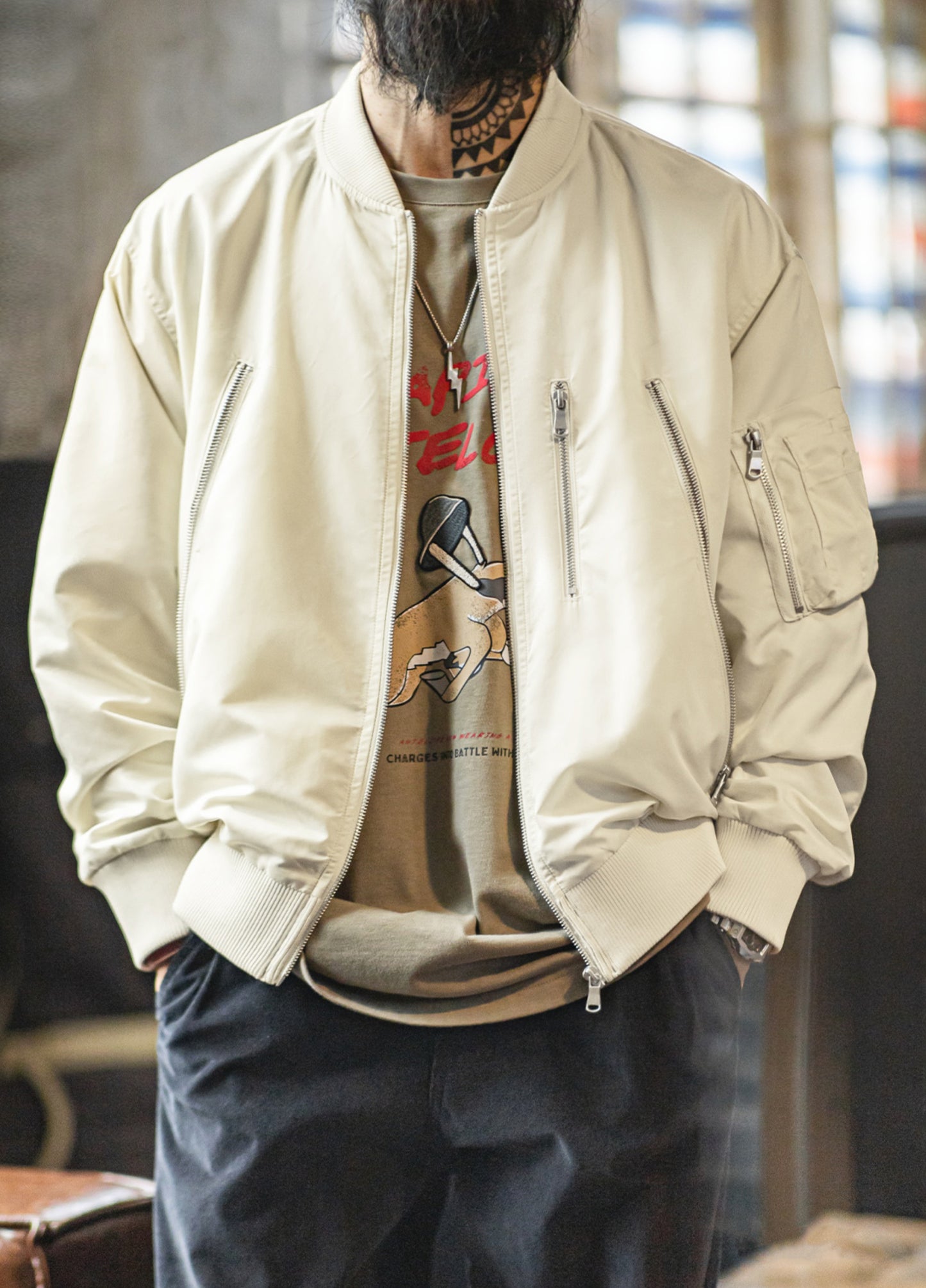 American Retro Casual White L2B Pilot Thin Baseball Short Daily Men's Jacket - Harmony Gallery