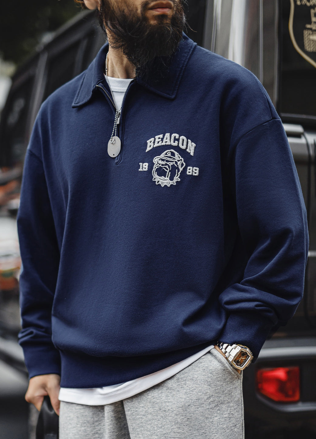 American Retro Three-Dimensional Embroidery Half-Zip Pullover Polo Men's Sweater - Harmony Gallery