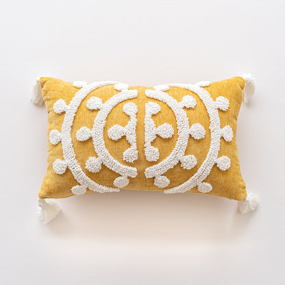 Golden Elegance Tassel Accent White Embroidered Scrollwork Throw Pillows