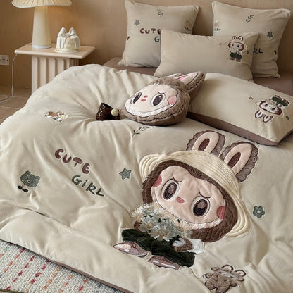 Cool Bear Cartoon Coral Fleece Warm Double-Sided Thick Four-Piece Bed Set