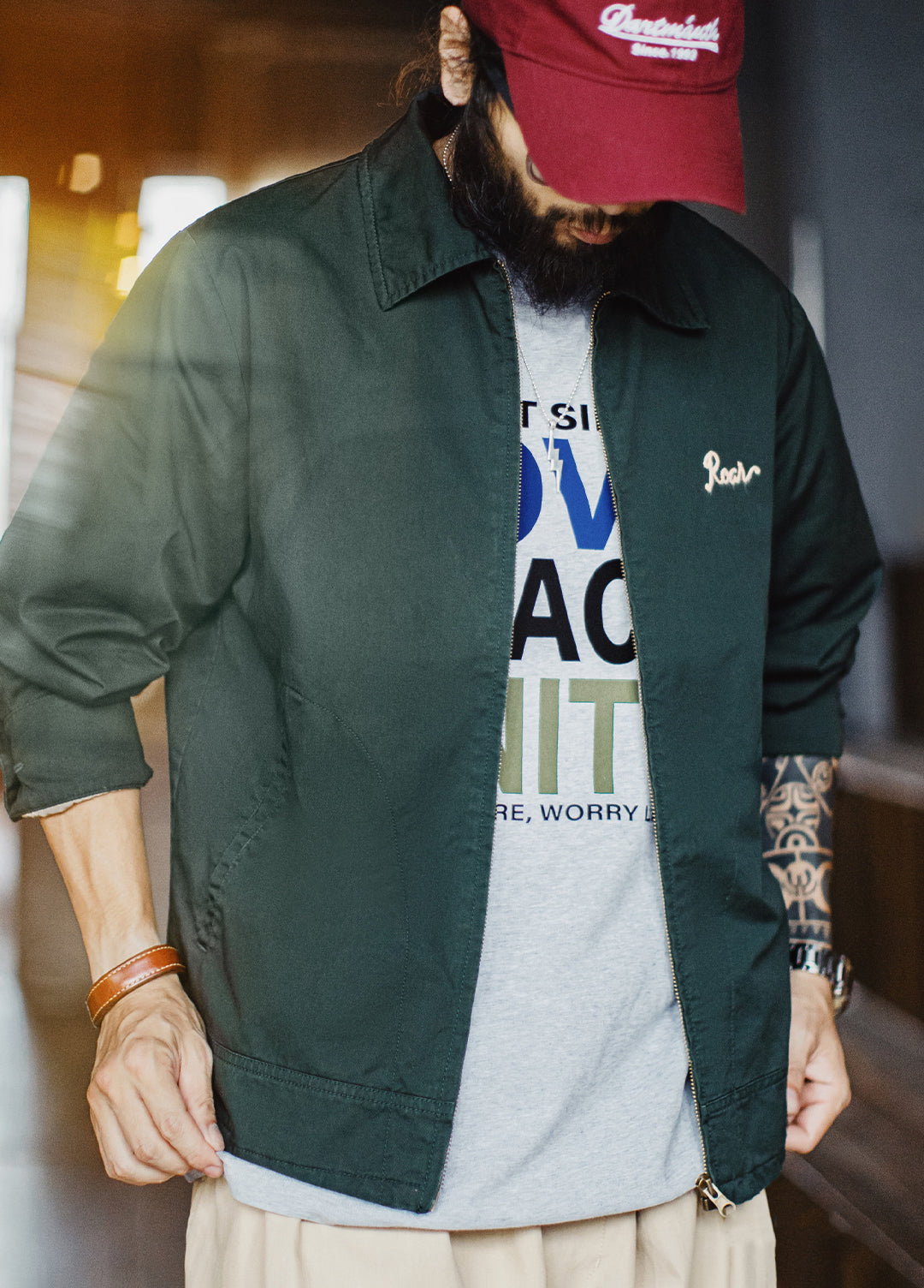 American Retro Embroidery Coach Lapel Dark Green Heavy Cotton Men's Jacket - Harmony Gallery