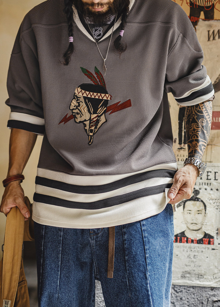 American Retro Waffle Long-Sleeved Embroidered Knitted Heavy Men's Sweater - Harmony Gallery