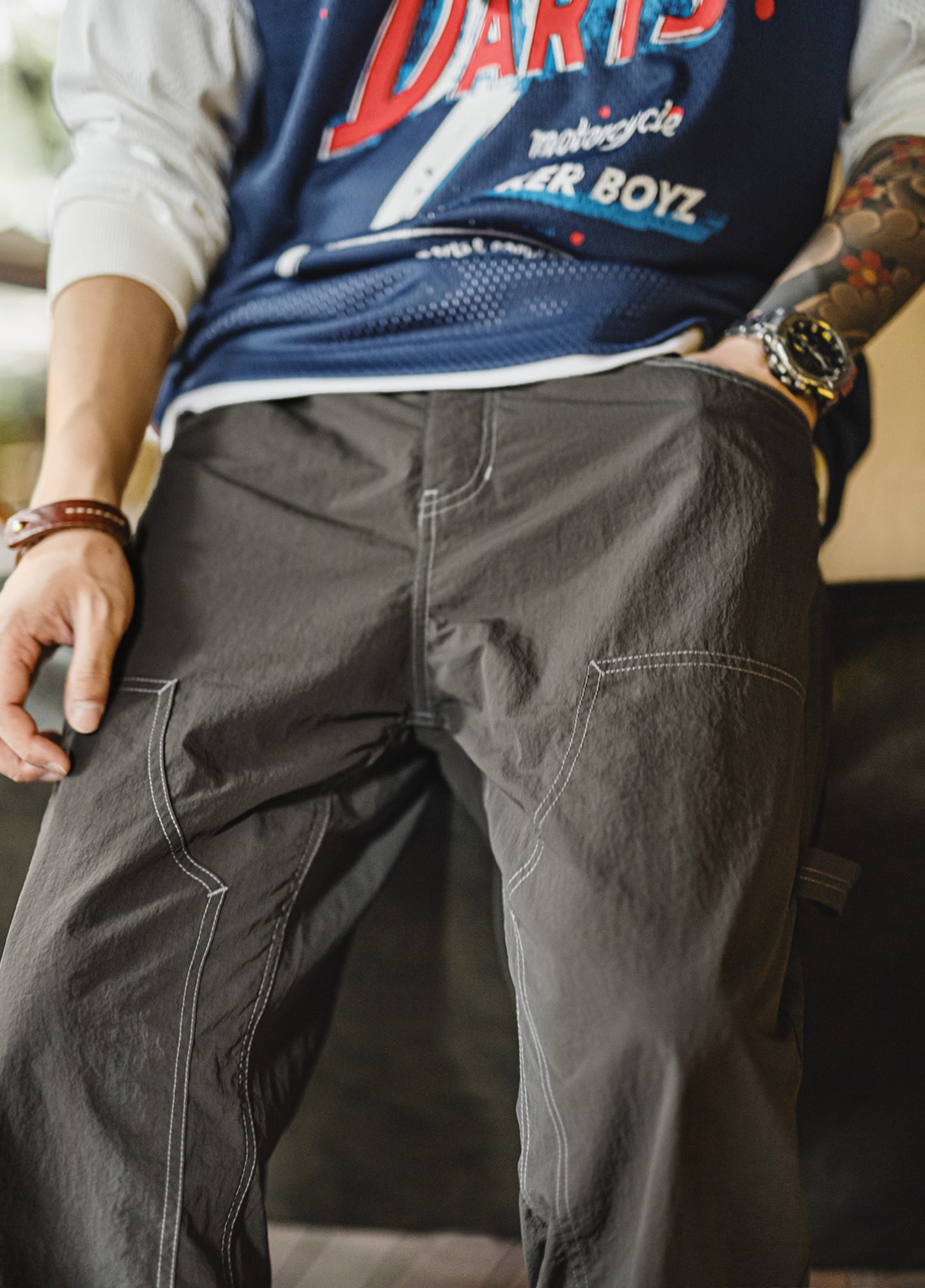 American Retro Light  Knee-Length Logging Textured Thin Drape Men's Trousers - Harmony Gallery