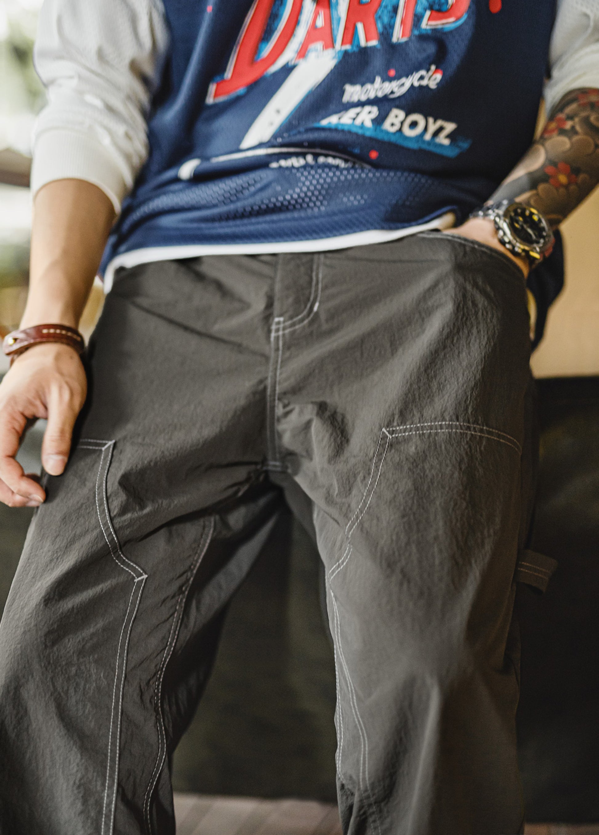 American Retro Light  Knee-Length Logging Textured Thin Drape Men's Trousers - Harmony Gallery