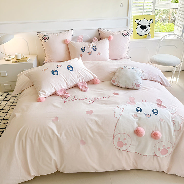 Cartoon Cute Little Fat Dragon Pure Cotton Washed Four-Piece Bed Set