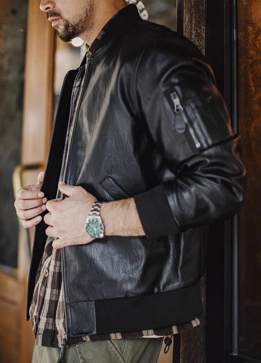 American MA1 Pilot Leather Handsome Short Lychee Pattern Men's Jacket - Harmony Gallery