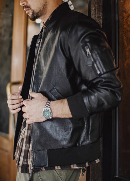 American MA1 Pilot Leather Handsome Short Lychee Pattern Men's Jacket - Harmony Gallery