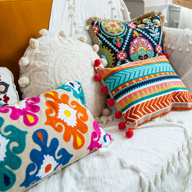 Vibrant Boho Fiesta Colorful Pom-Pom Embroidered Decorative Throw Pillows - Harmony Gallery
