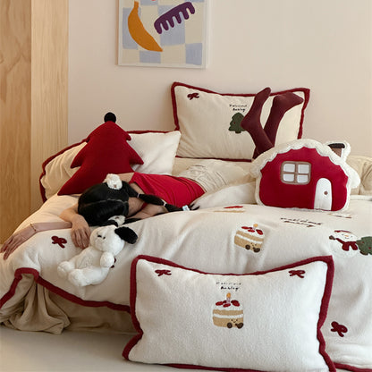 Winter Creamy Cake Snowman Thickened Cashmere Four-Piece Fleece Bed Set