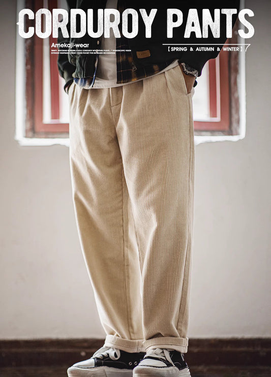 American Retro Heavy Corduroy Double Pleated Drape Cotton Men's Trousers