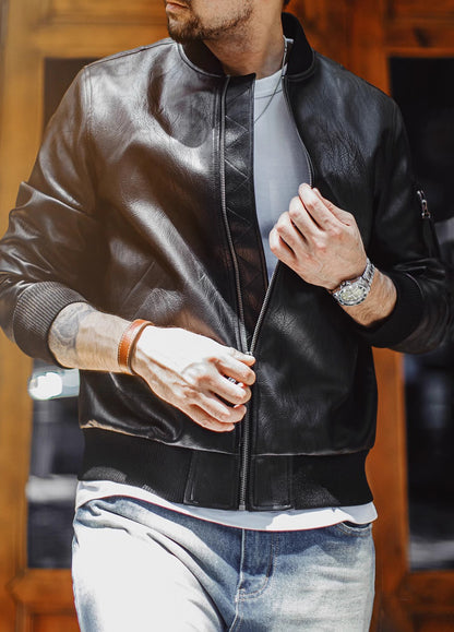 American MA1 Pilot Leather Handsome Short Lychee Pattern Men's Jacket - Harmony Gallery