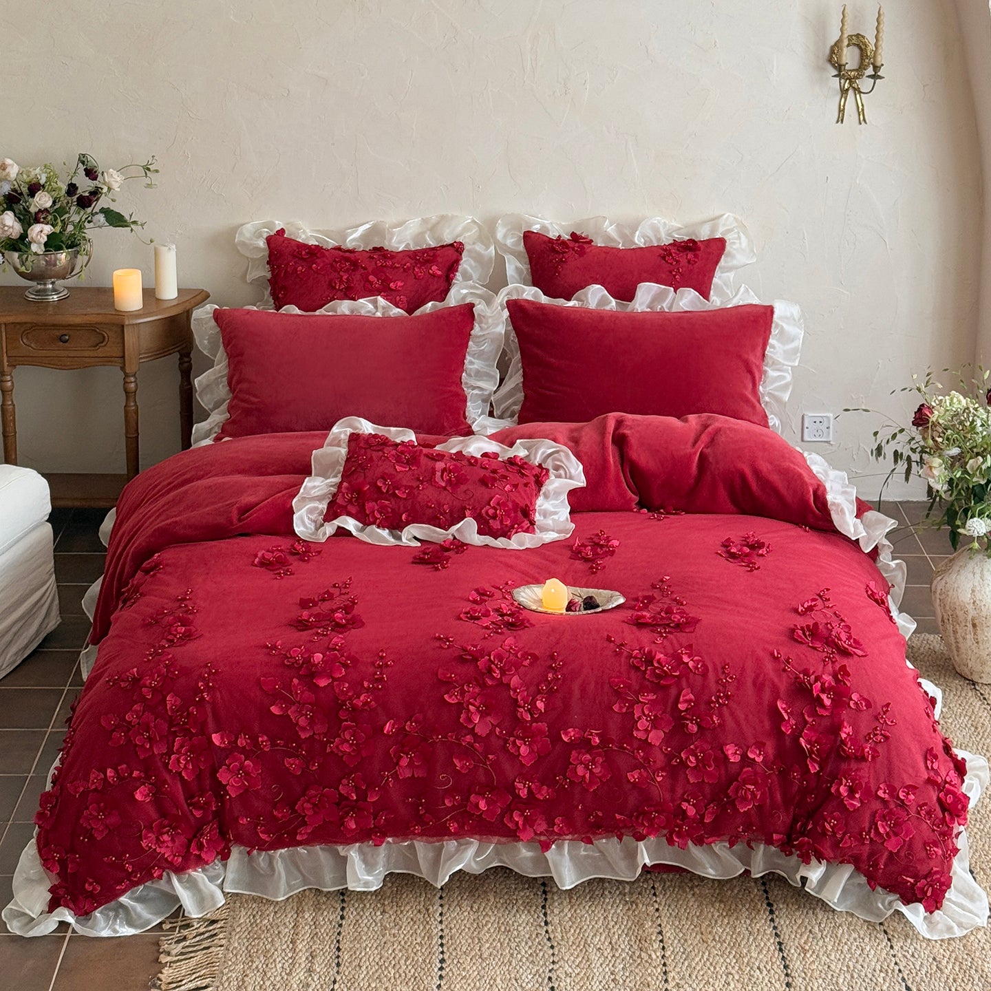 French Romantic Girly Four-Piece Thickened Coral Fleece Warm Bed Set