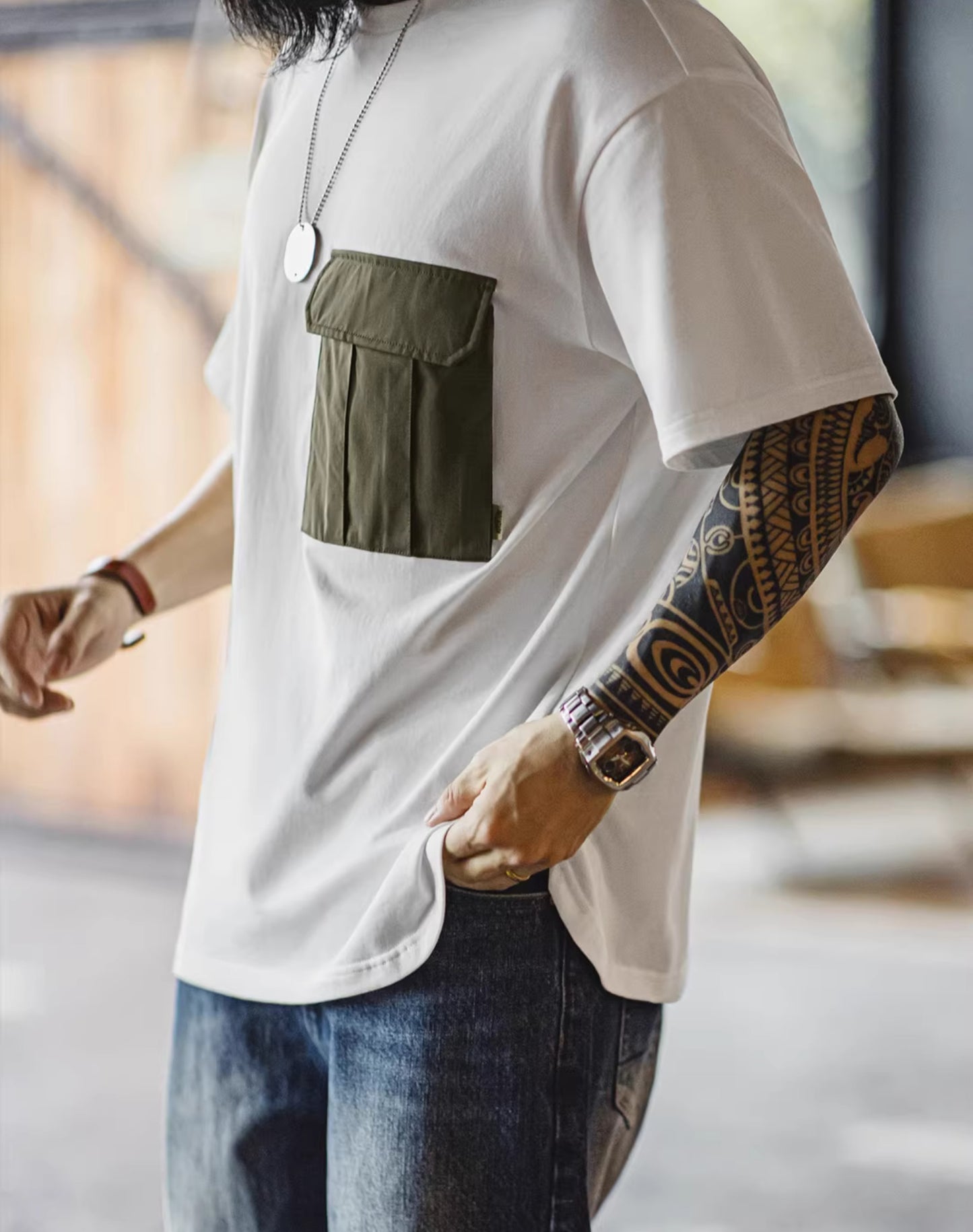 T-shirt da uomo in cotone diviso con cuciture tascabili American Retro M51