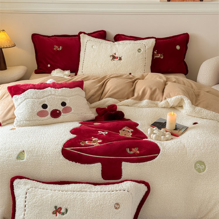 Christmas Cartoon Red Tree Thickened Lambskin Four-piece Warm Winter Bed Set - Harmony Gallery