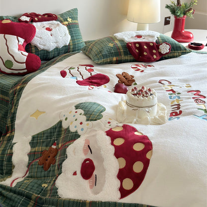 Christmas Wool Milk Velvet Four-Piece Winter Thick Warm Bed Set