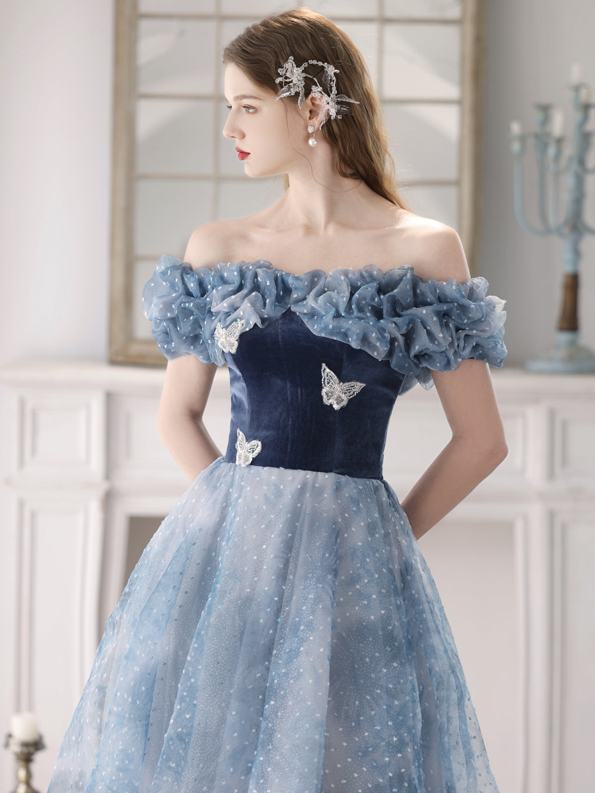 Enchanting Off-Shoulder Blue Tulle Ball Gown with Ruffled Bodice - Harmony Gallery