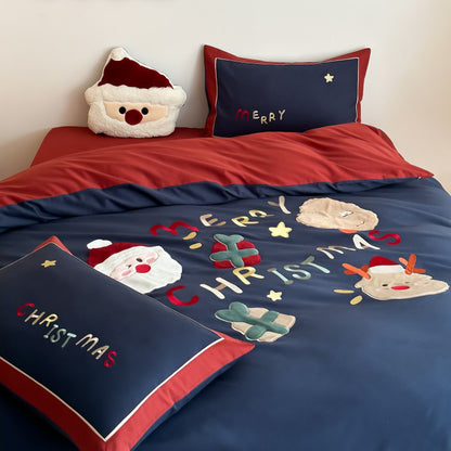 Winter Santa Claus Thickened All-Cotton Brushed Warm Four-Piece Bed Set