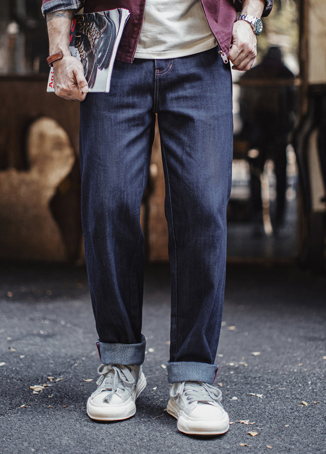 American Retro Raw Denim Selvedge Straight Leg Slightly Tapered Men's Jeans