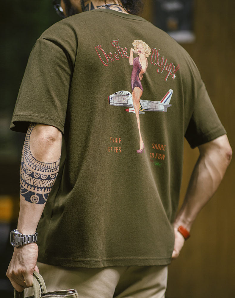 American Retro Monroe Print Graffiti Military Cotton Men's T-Shirt