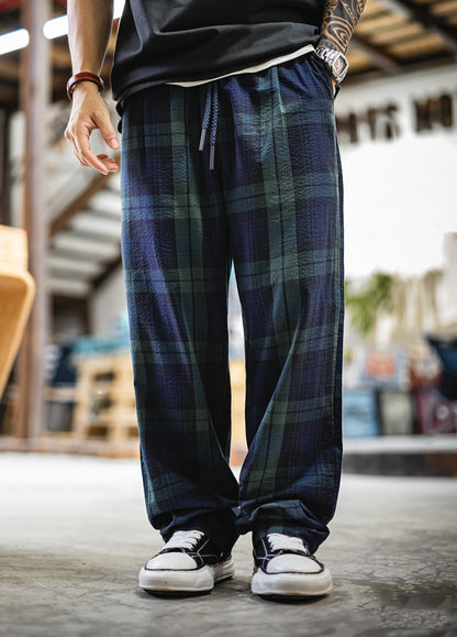 American Retro Casual Scottish Plaid Seersucker Textured Men's Trousers - Harmony Gallery