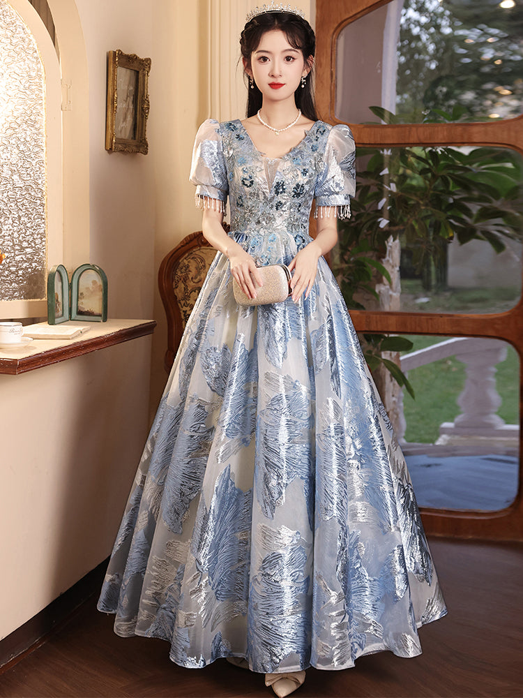 Elegant Blue Floral Embroidered Princess Ball Gown Dress with Puff Sleeves and Beaded Details - Harmony Gallery
