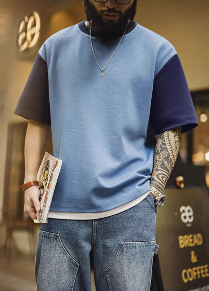 American Retro Threaded Neckline Drop Air Layer Contrast Color Men's T-Shirt - Harmony Gallery