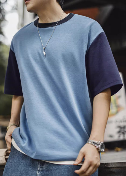 American Retro Threaded Neckline Drop Air Layer Contrast Color Men's T-Shirt - Harmony Gallery