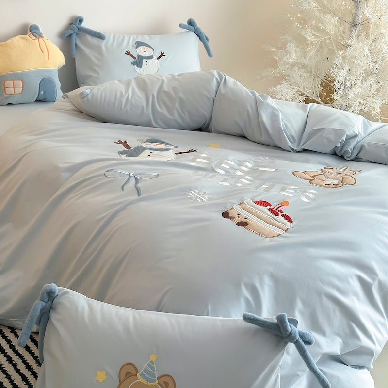 Cartoon Circus Bear Embroidery Pure Cotton Long Staple Four-Piece Bed Set
