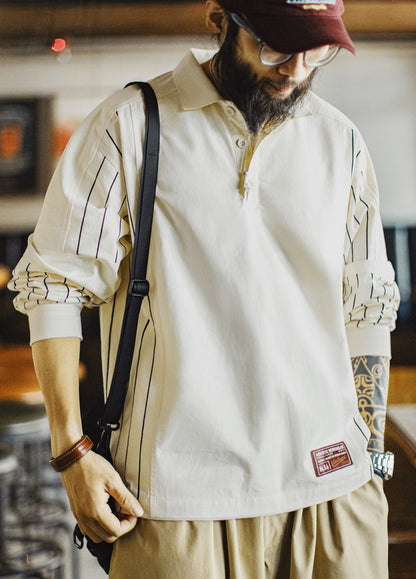 American Baseball Print Polo Splicing Pullover Embroidered Men's Sweater - Harmony Gallery