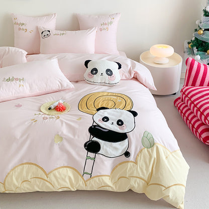 Cute Small Panda Pure Cotton Washed Four-Piece Bed Set