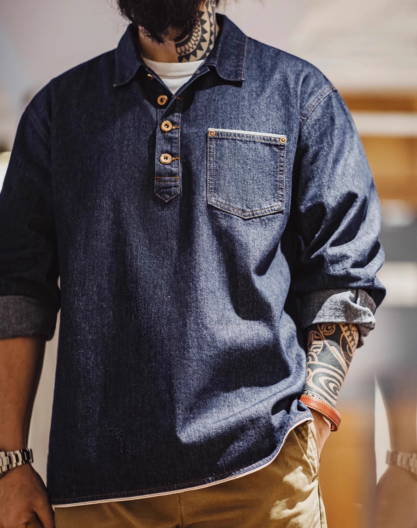American Workwear Retro Denim Washed Pullover Men's Sweater - Harmony Gallery