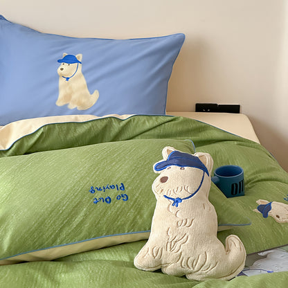 Cartoon Cute Green Puppy Pure Cotton Skin-Friendly Four-Piece Bed Set