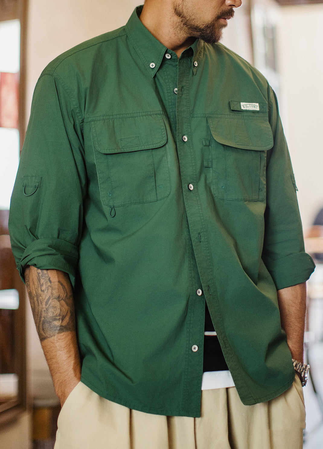 American Retro Multi-Pocket Green No Bullet  Layered Thin Men's Shirt - Harmony Gallery