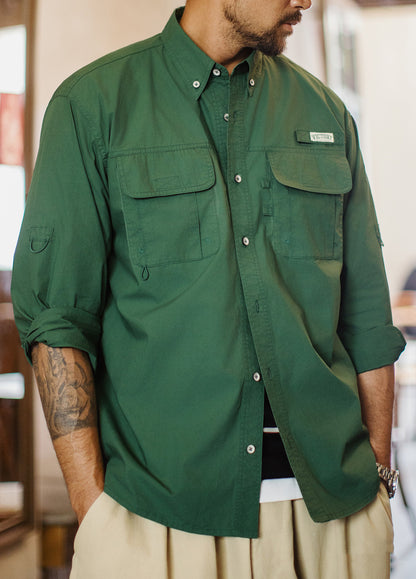 American Retro Multi-Pocket Green No Bullet  Layered Thin Men's Shirt - Harmony Gallery