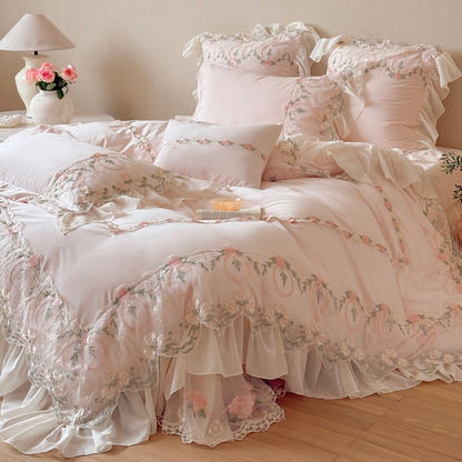 French Fleece Lace Trim Thickened Mattress High Density Four-Piece Bed Set