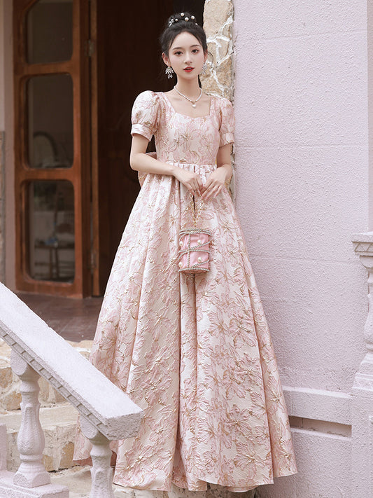 Charming Pink Floral Jacquard Ball Gown with Puff Sleeves - Harmony Gallery